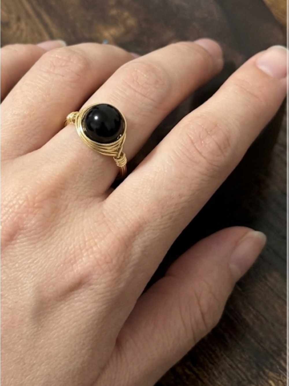 Guardian Shield Talisman Gold Wire-Wrapped Ring with Black Agate Stone size 8